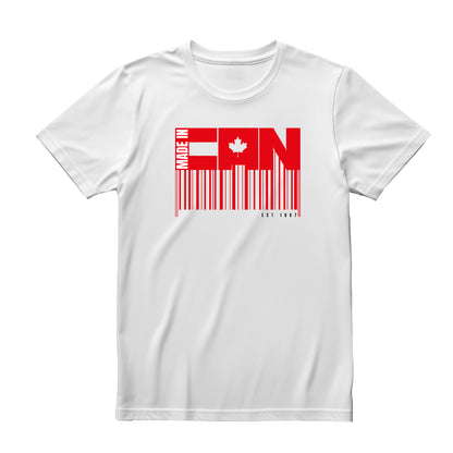 White flat-lay T-shirt featuring bold white and red typography that reads Made in CAN