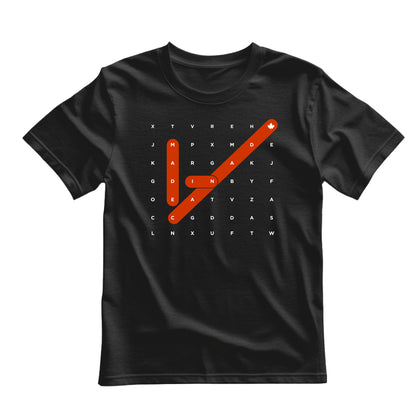 Black flat-lay T-shirt featuring white and red typography that reads Made in Canada Crossword