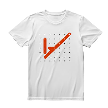 White flat-lay T-shirt featuring bold white and red typography that reads Made in Canada Crossword