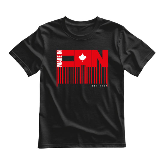 Black flat-lay T-shirt featuring white and red typography that reads Made in CAN