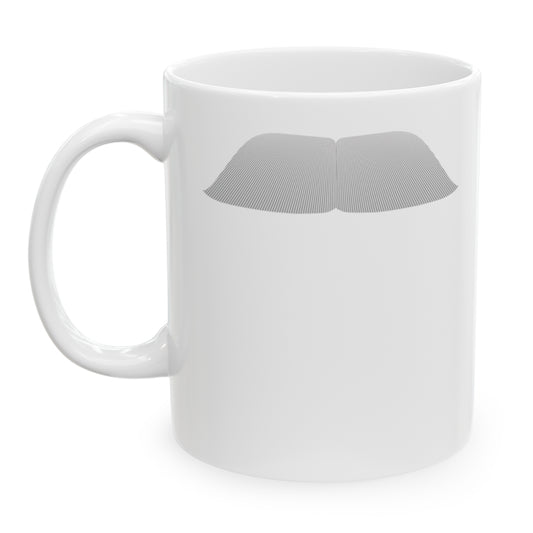 Photo of a white ceramic mug with a drawing of Mahatma Gandhi’s mustache, set against a plain white background.