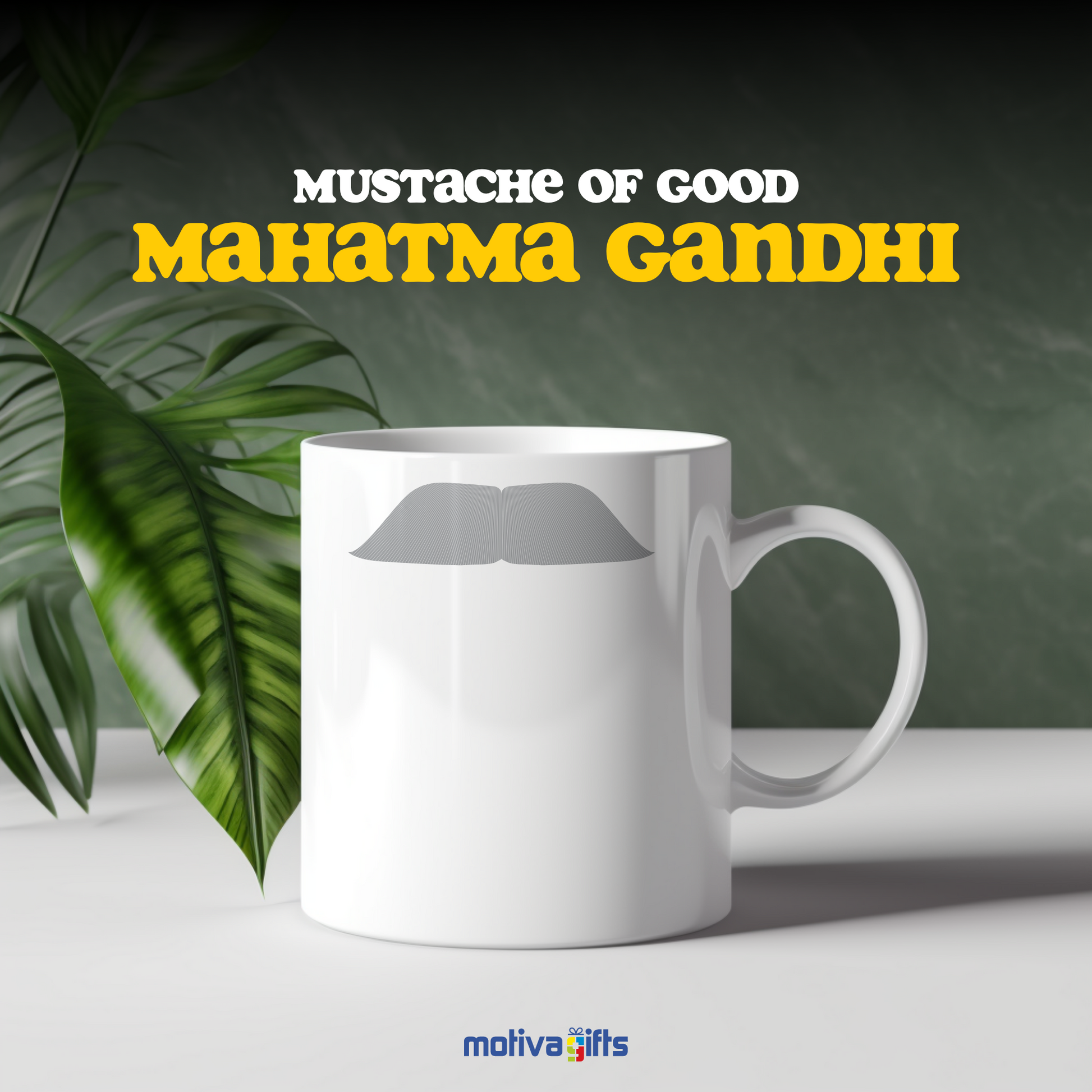 Front view of white coffee mug with gray mustache design inspired by Mahatma Gandhi By Motiva Gifts