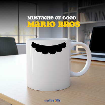 Front view of white coffee mug with black mustache inspired by Mario Bros by Motiva Gifts