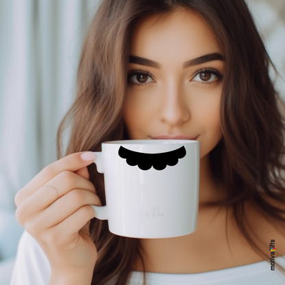 Woman holding a white coffee mug 11 oz mug white with black mustache design inspired by Mario Bros  By Motiva Gits