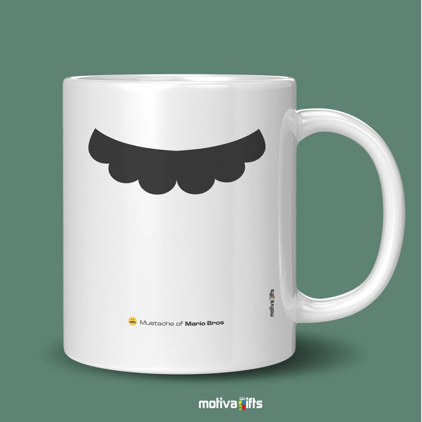 Right view of white coffee mug with black mustache design inspired by Mario Bros By Motiva Gifts 