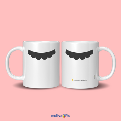 Front view with 2 white coffee mug with black mustache design inspired by Mario Bros By Motiva Gifts 