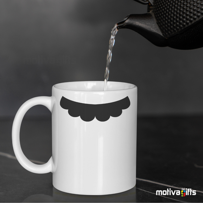 Left view of white coffee mug with black mustache design inspired by Mario Bros By Motiva Gifts