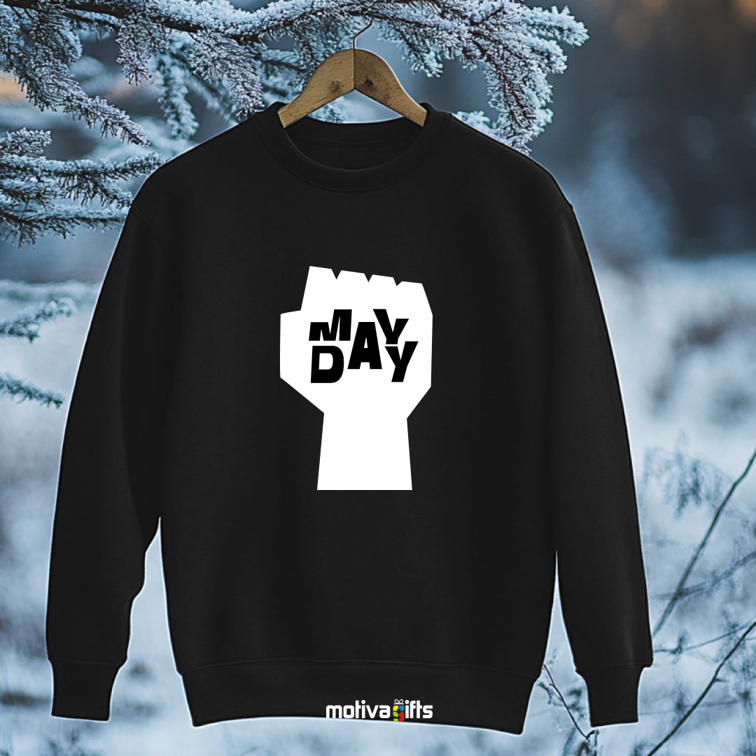 A hanging black sweatshirt featuring bold white typography that reads May Day  