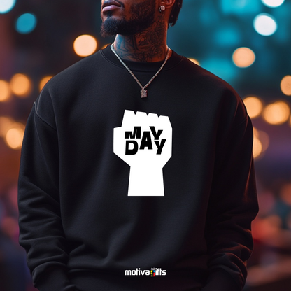 A man wearing a black sweatshirt featuring bold white typography that reads May Day  