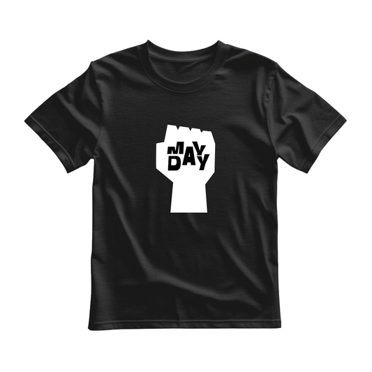 Black flat-lay T-shirt featuring white typography that reads May Day 