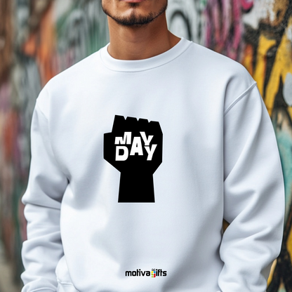 A man wearing a white sweatshirt featuring bold black typography that reads May Day 