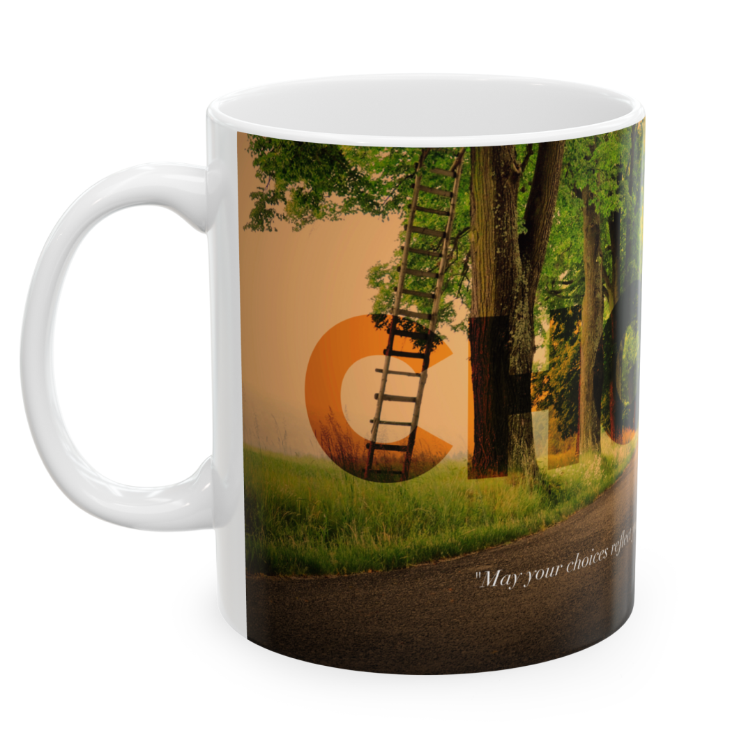 Left view of a white ceramic mug with a wraparound design featuring a landscape, displaying the word ‘Choices’ top a quote by Nelson Mandela: ‘May your choices reflect your hopes, not your fears’, set against a plain white background.