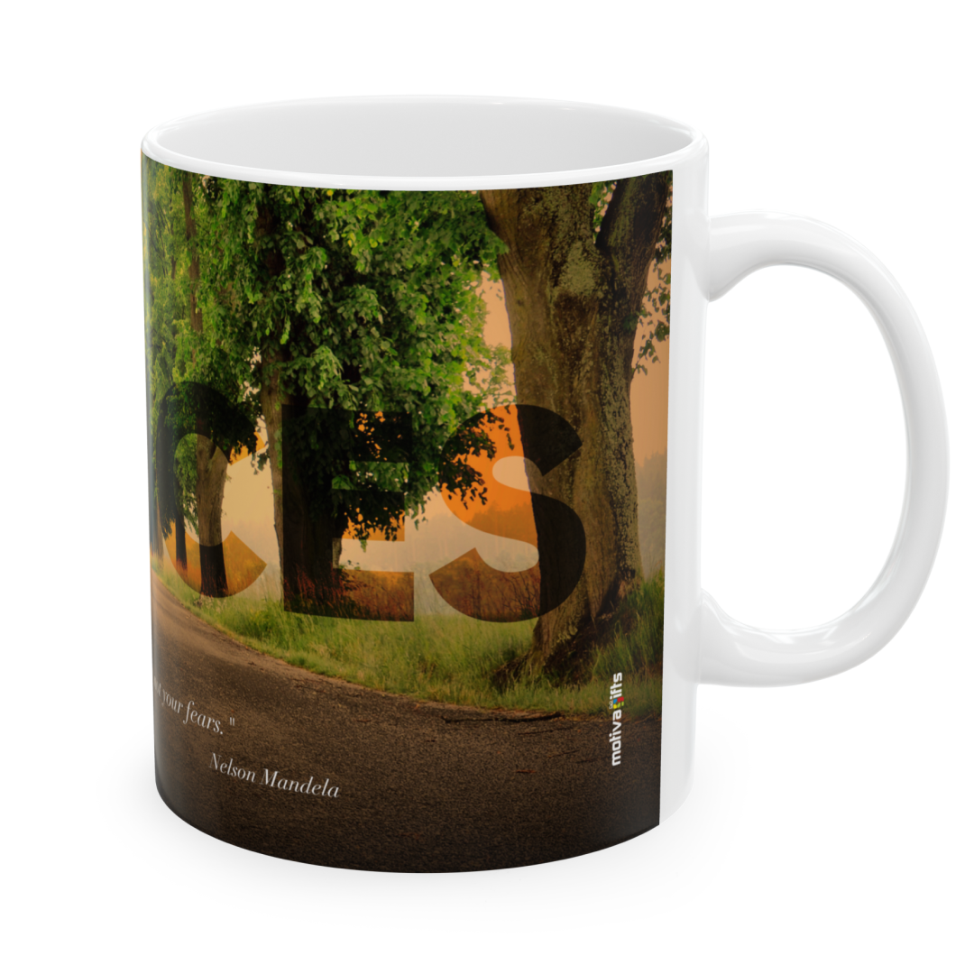 Right view of a white ceramic mug with a wraparound design featuring a landscape, displaying the word ‘Choices’ top a quote by Nelson Mandela: ‘May your choices reflect your hopes, not your fears’, set against a plain white background.