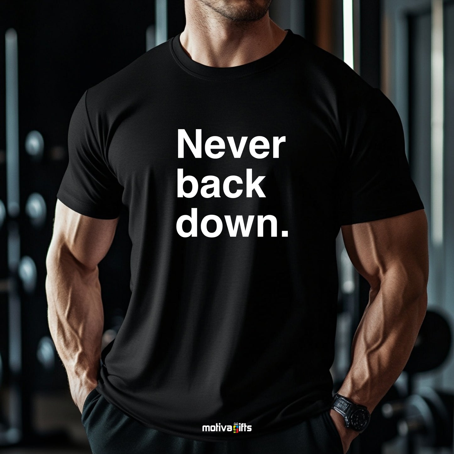 A man wearing a black T-shirt featuring bold white typography that reads Never back down 