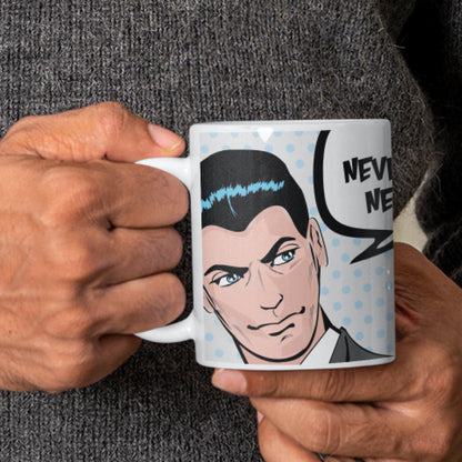 Man holding a "Never say never" Wraparound 11 oz Ceramic Mug from Vintage Vibes Collection, perfect for coffee lovers and dreamers.