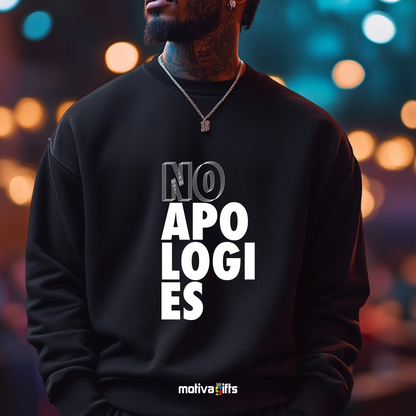 A man wearing a black crewneck sweatshirt featuring bold white typography that reads No Apologies