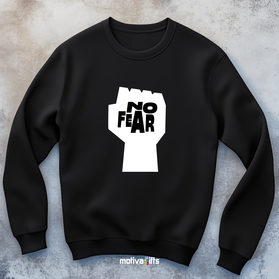 A hanging black sweatshirt featuring bold white typography that reads No Fear 