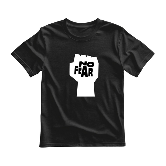 Black flat-lay T-shirt featuring white typography that reads No fear .