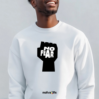 A man wearing a white sweatshirt featuring bold black typography that reads No Fear 