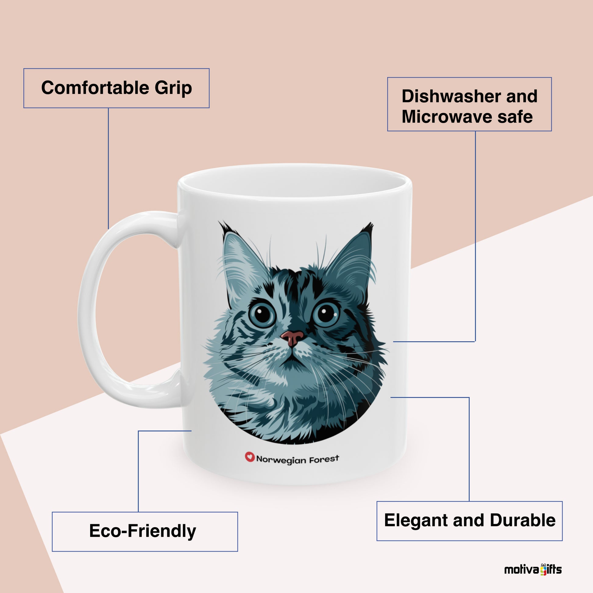 Norwegian Forest Love Cat Benefits: comfortable grip, eco-friendly, dishwasher and microwave safe, elegant and durable. By Motiva Gifts.