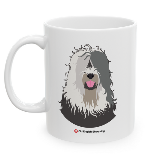 Left view white ceramic 11 oz mug featuring a drawing of a Old English Sheepdog Dog. Clean white background.