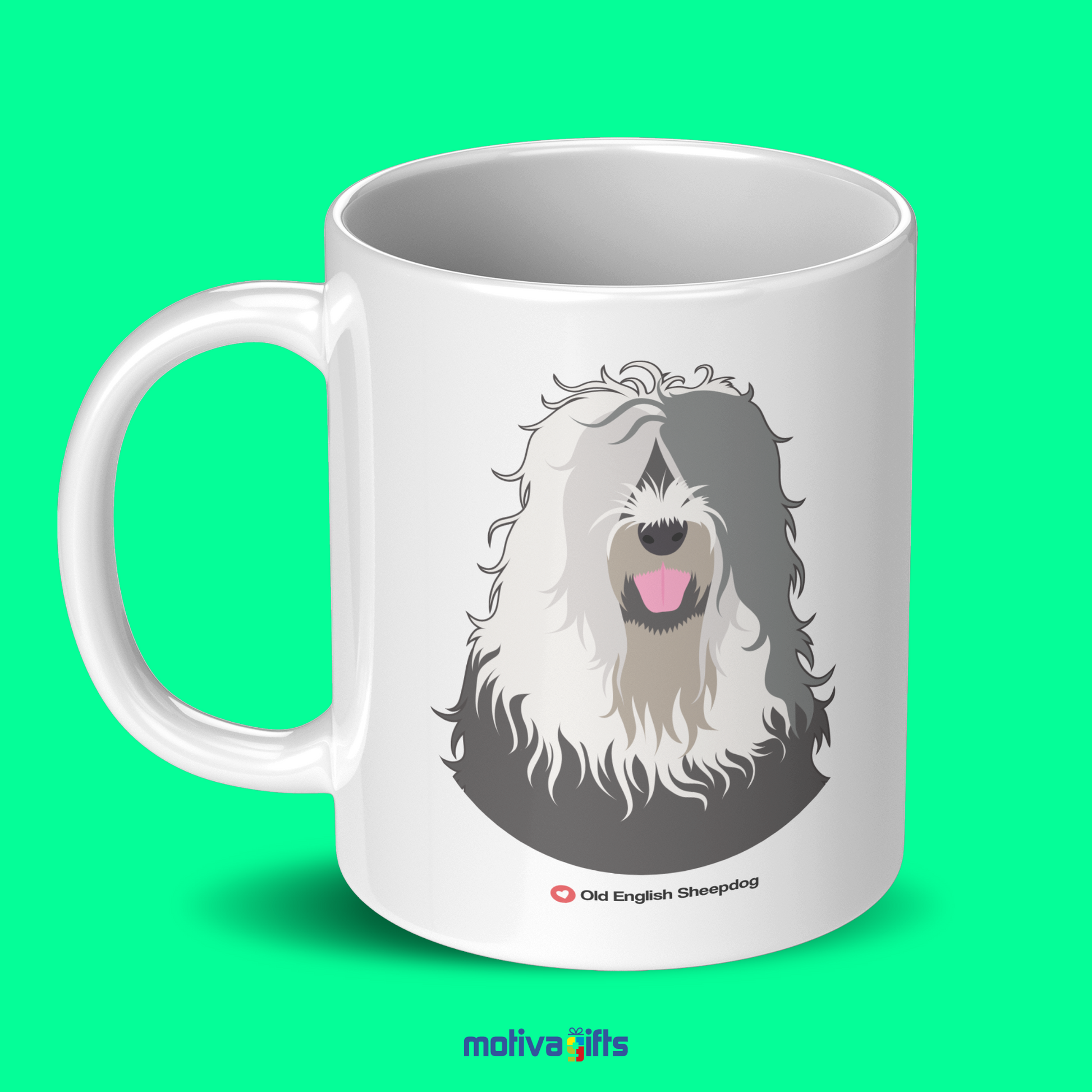 Discover the Love Dog Collection at Motiva Gifts - Featuring a  Old English Sheepdog  design, 11 oz Ceramic Mug. Our white ceramic mug is perfect for both hot and cold beverages, and it is dishwasher, microwave safe. Available at Motiva Gifts - Shop Now!