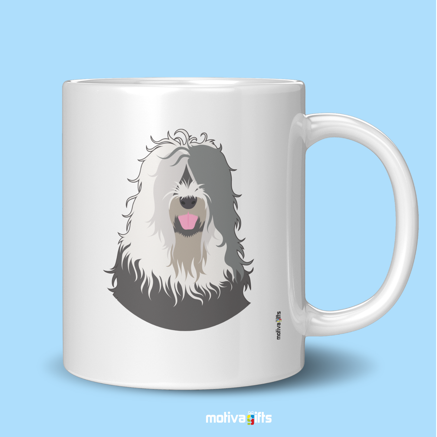 Discover the Love Dog Collection at Motiva Gifts - Featuring a  Old English Sheepdog  design, 11 oz Ceramic Mug. Our white ceramic mug is perfect for both hot and cold beverages, and it is dishwasher, microwave safe. Available at Motiva Gifts - Shop Now!