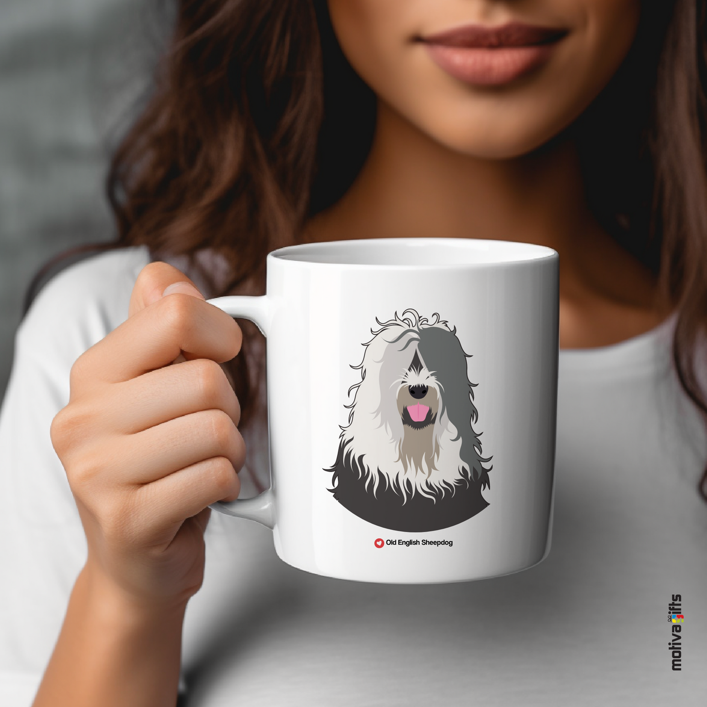 Explore the Love Dogs Collection: Woman Holds Unique  Old English Sheepdog   dog Design on a White 11oz Ceramic Mug, Exclusively at Motiva Gifts. Savor Your Coffee with Style!