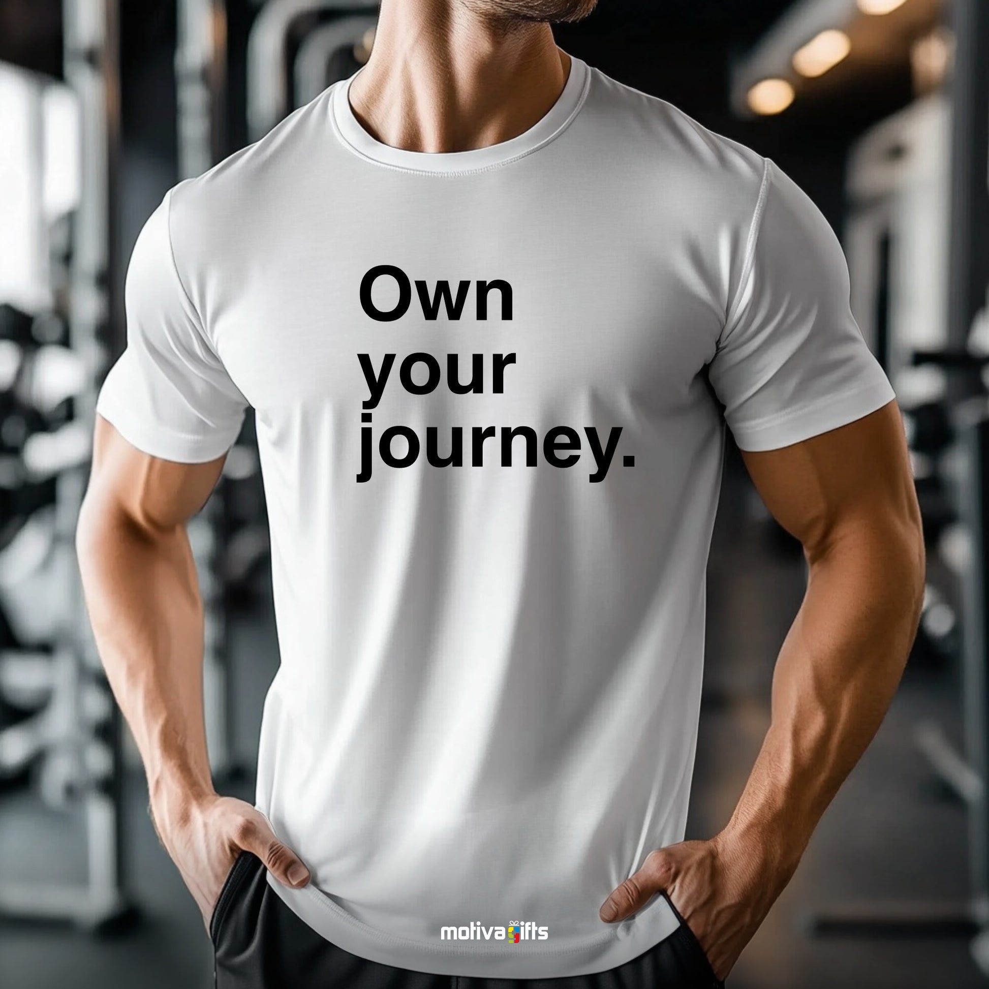 Man wearing a white T-shirt featuring bold black typography that reads Own your journey  