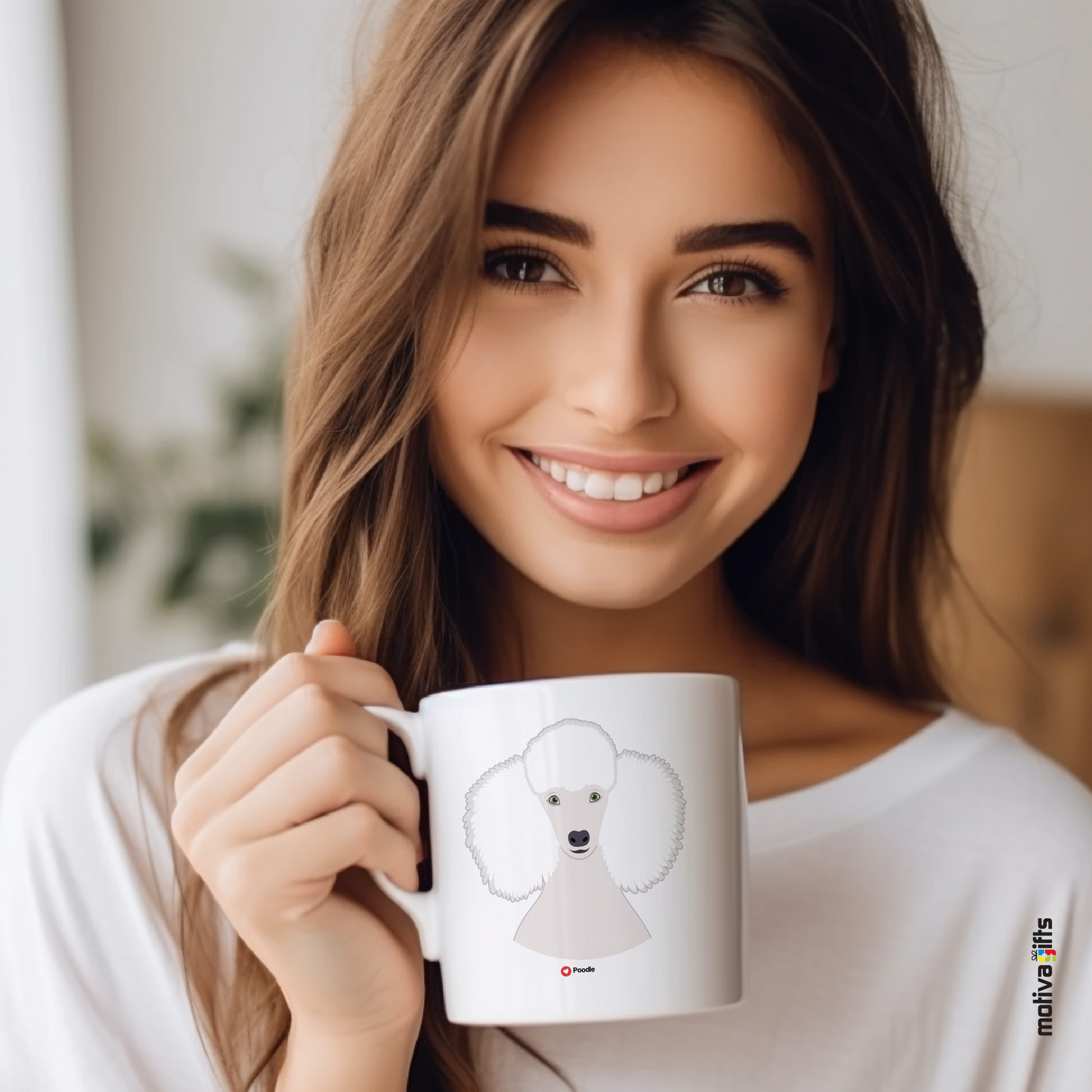 Explore the Love Dogs Collection: Woman Holds Unique  Poodle  dog Design on a White 11oz Ceramic Mug, Exclusively at Motiva Gifts. Savor Your Coffee with Style!