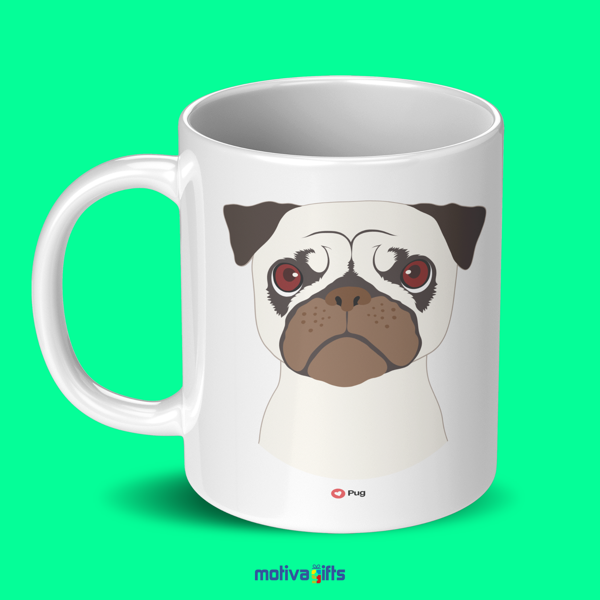 Discover the Love Dog Collection at Motiva Gifts - Featuring a Unique Pug design, 11 oz Ceramic Mug. Our white ceramic mug is perfect for both hot and cold beverages, and it&#39;s dishwasher& microwave safe. Available at Motiva Gifts - Shop Now!