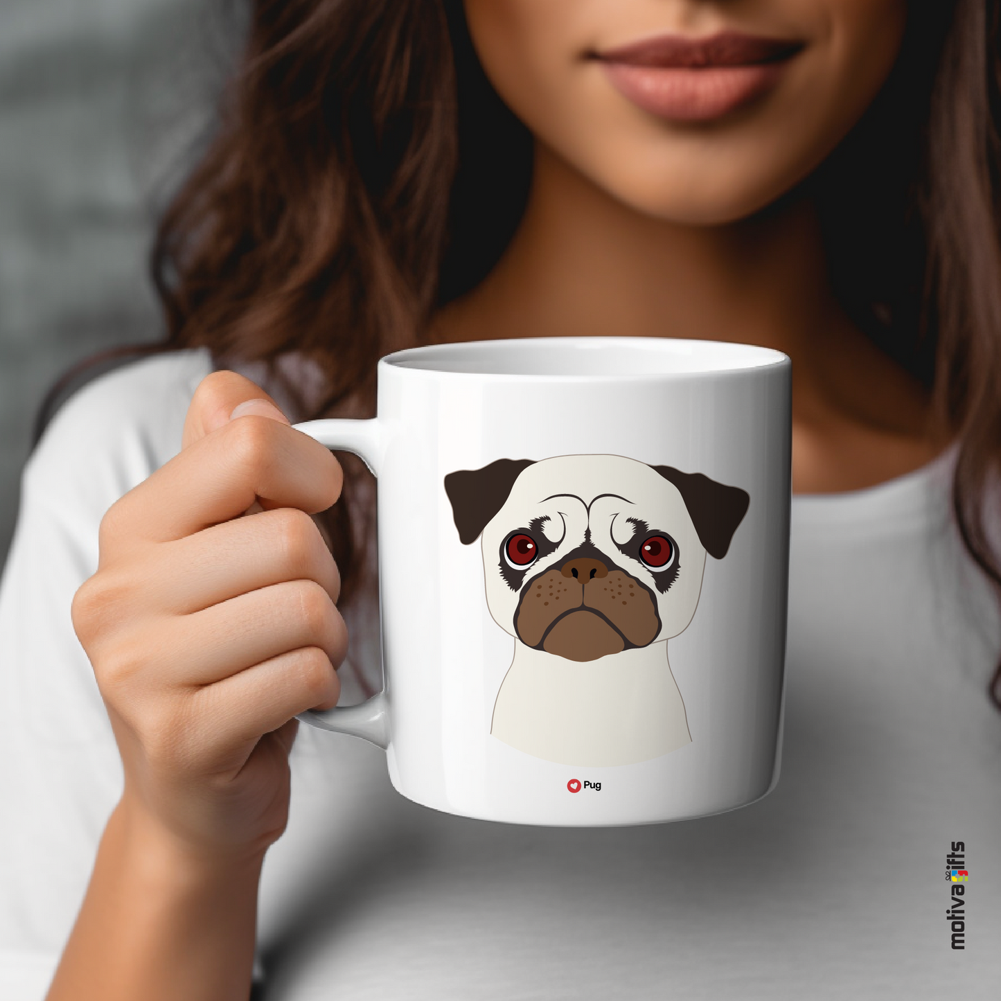 Explore the Love Dogs Collection: Woman Holds Unique Pug dog Design on a White 11oz Ceramic Mug, Exclusively at Motiva Gifts. Savor Your Coffee with Style!