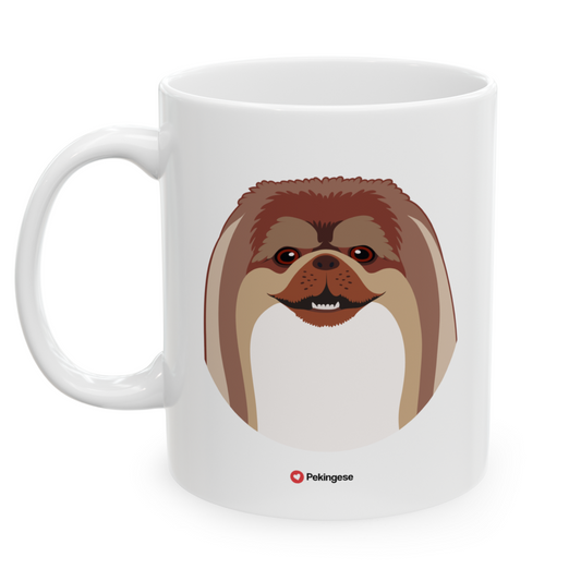 Left view white ceramic 11 oz mug featuring a drawing of a Pekingese Dog. Clean white background.