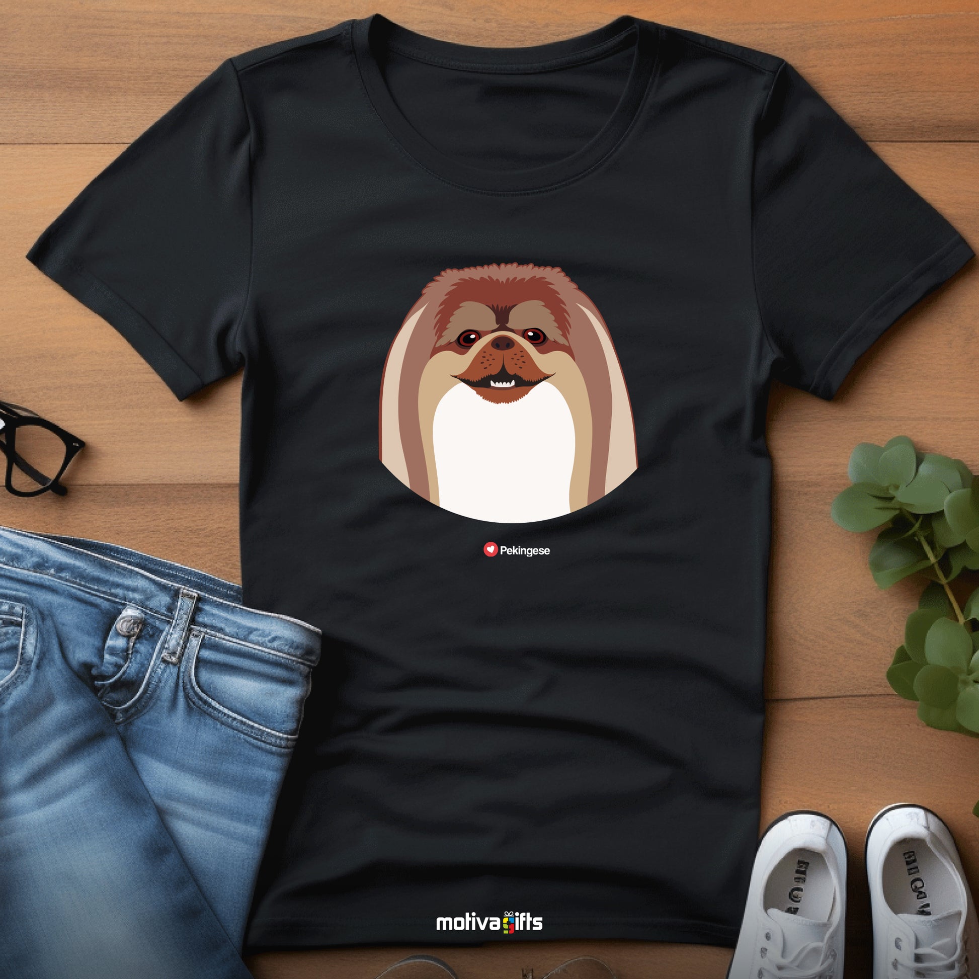 Flatlay, black tshirt with Pekingese design on the front, front view, by Motiva Gifts.