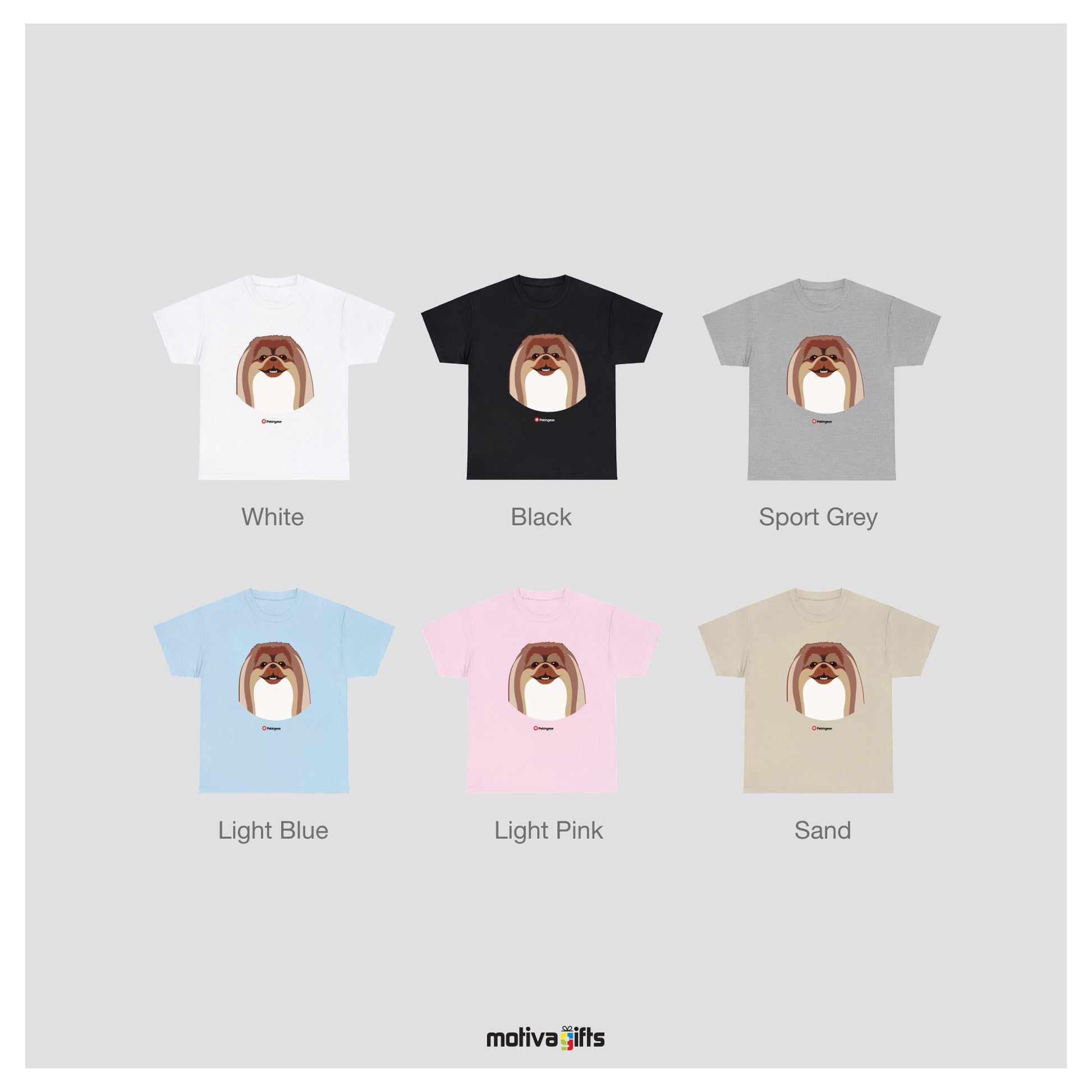 Colour chart display mockup of white, black, sport grey light blue, light pink, and sand tshirt.