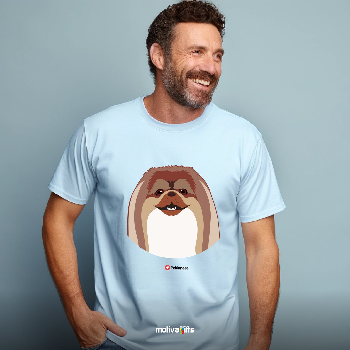 Man wearing light blue tshirt with Pekingese design on the front, front view, by Motiva Gifts.