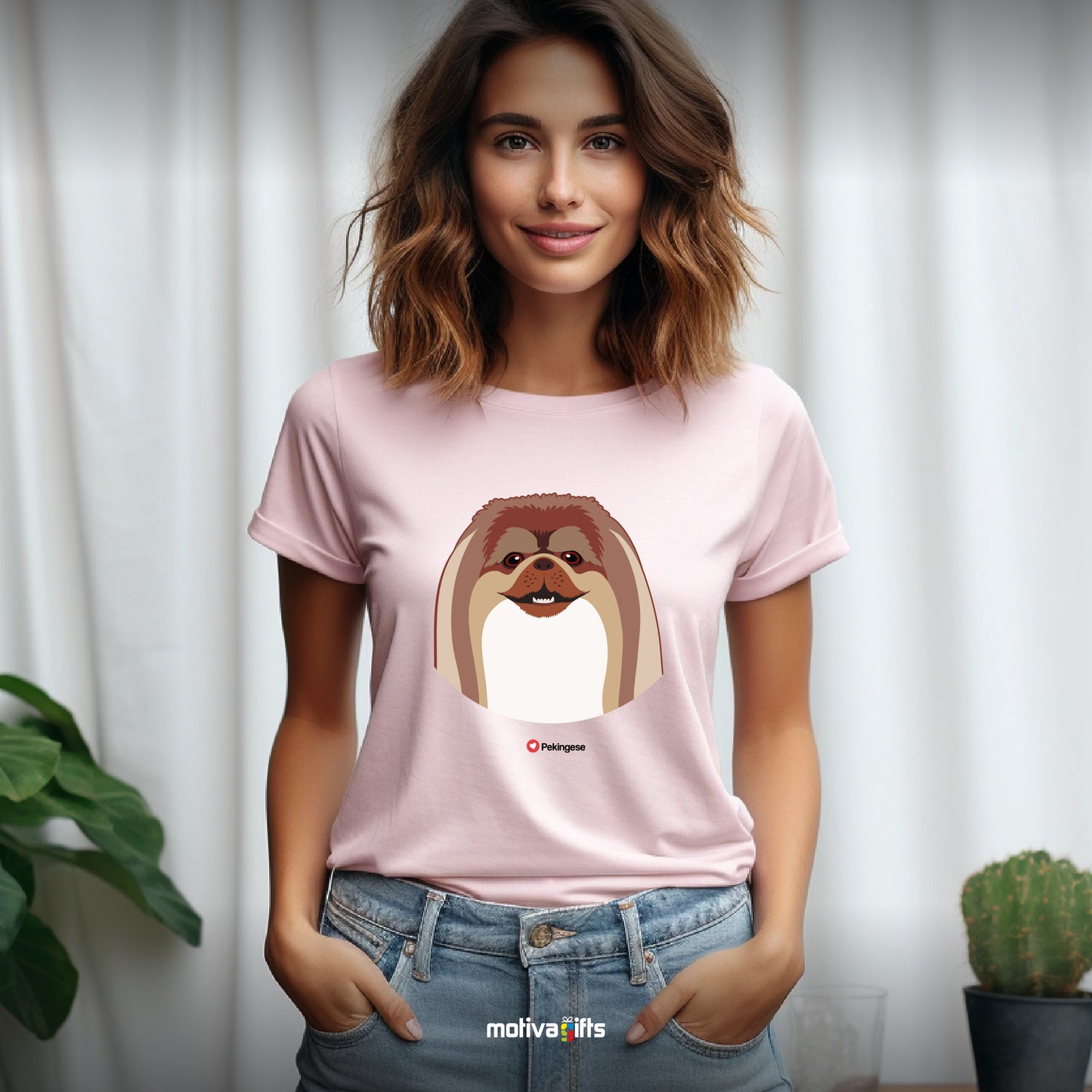 Woman wearing light pink tshirt with Pekingese design on the front, front view, by Motiva Gifts