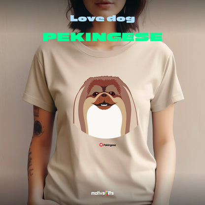 Woman wearing sand tshirt with Pekingese design on the front, front view, by Motiva Gifts.