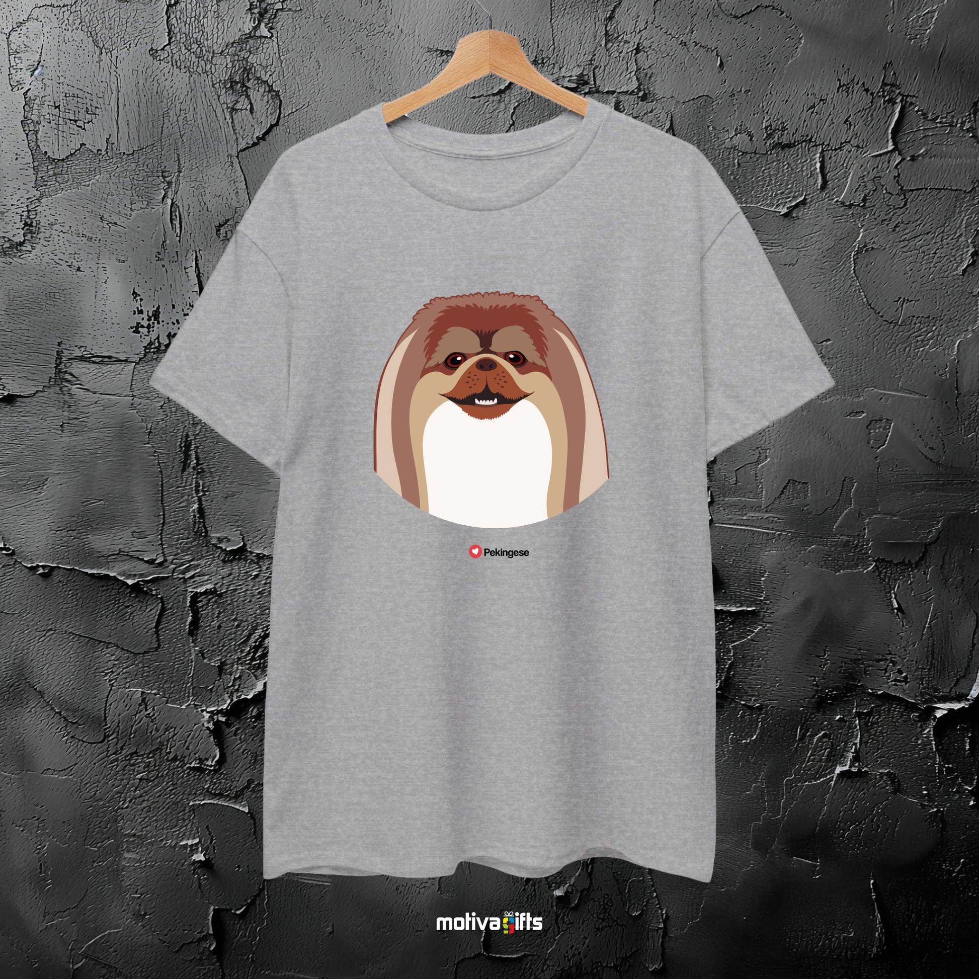 Sport gray tshirt with Pekingese design on the front, front view, Motiva Gifts 