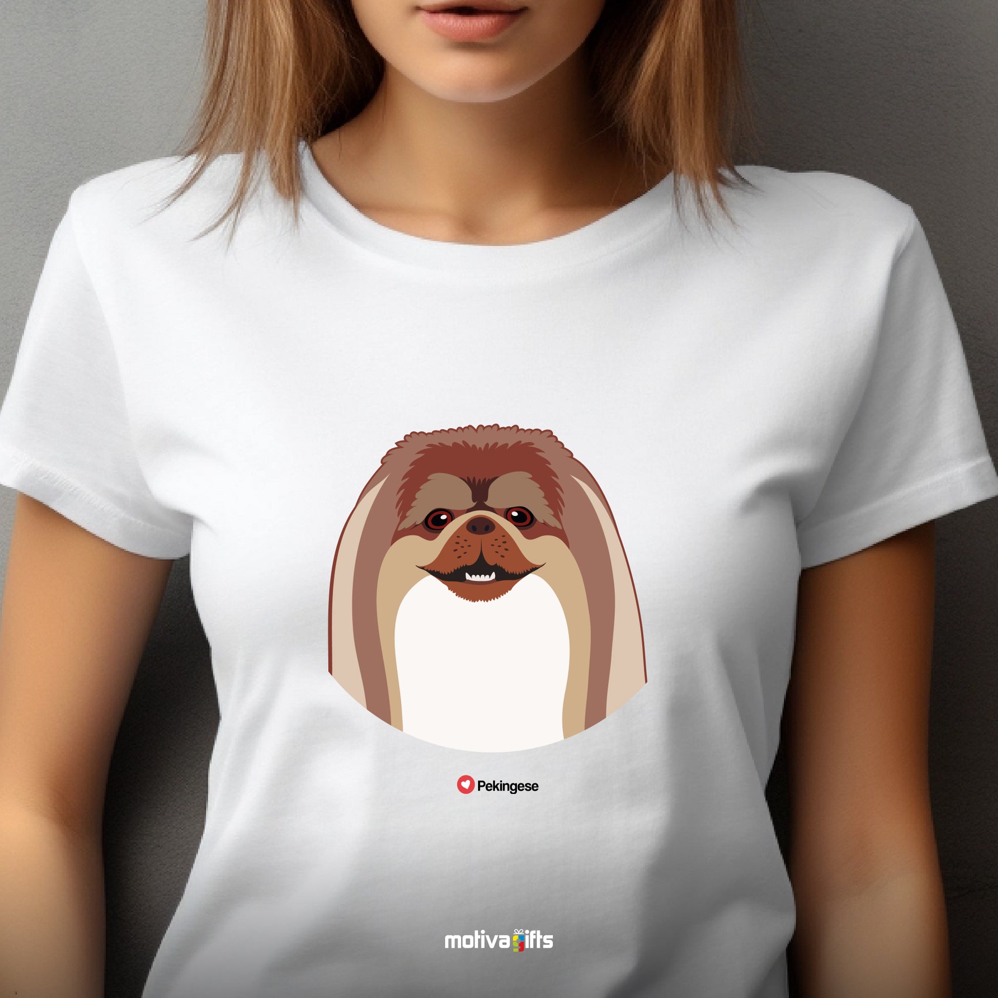 Woman wearing white tshirt with Pekingese design on the front, front view, by Motiva Gifts.