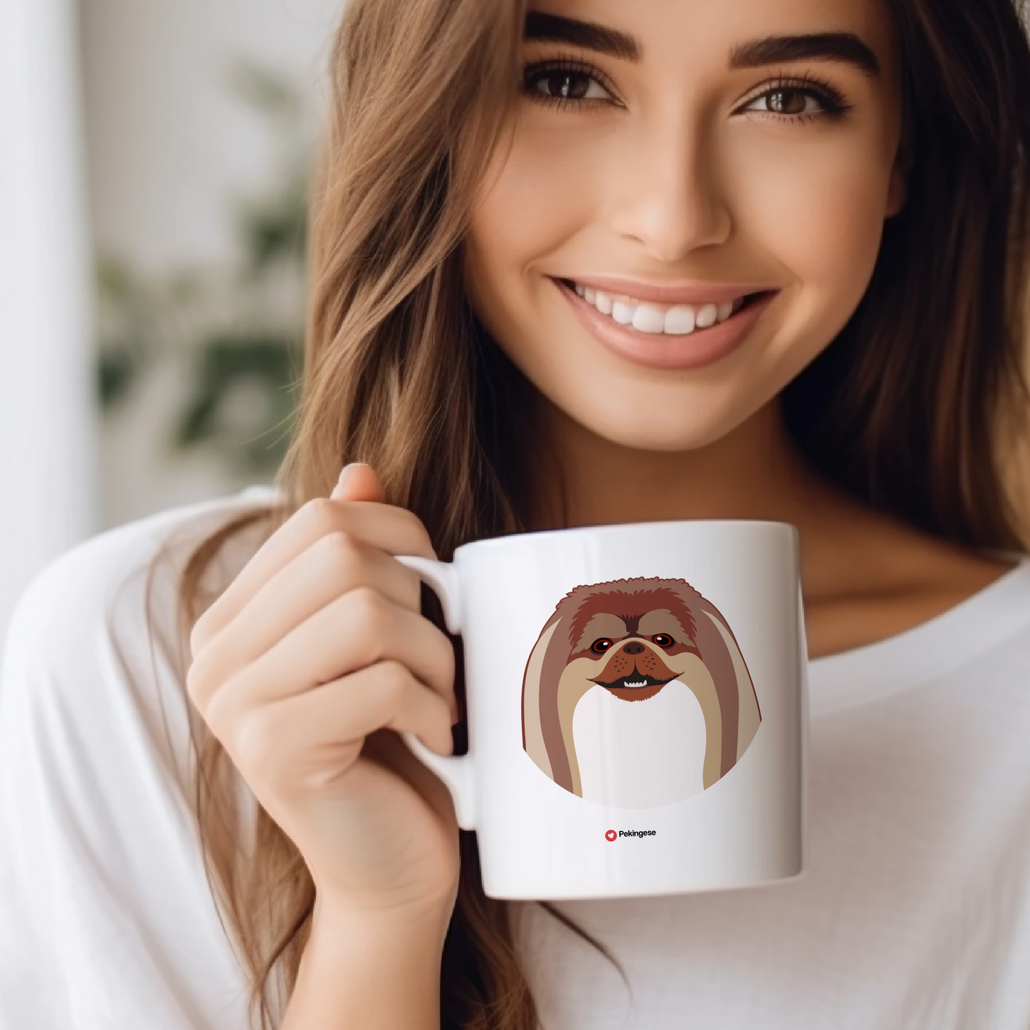 Explore the Love Dogs Collection: Woman Holds Unique  Pekingese dog Design on a White 11oz Ceramic Mug, Exclusively at Motiva Gifts. Savor Your Coffee with Style!