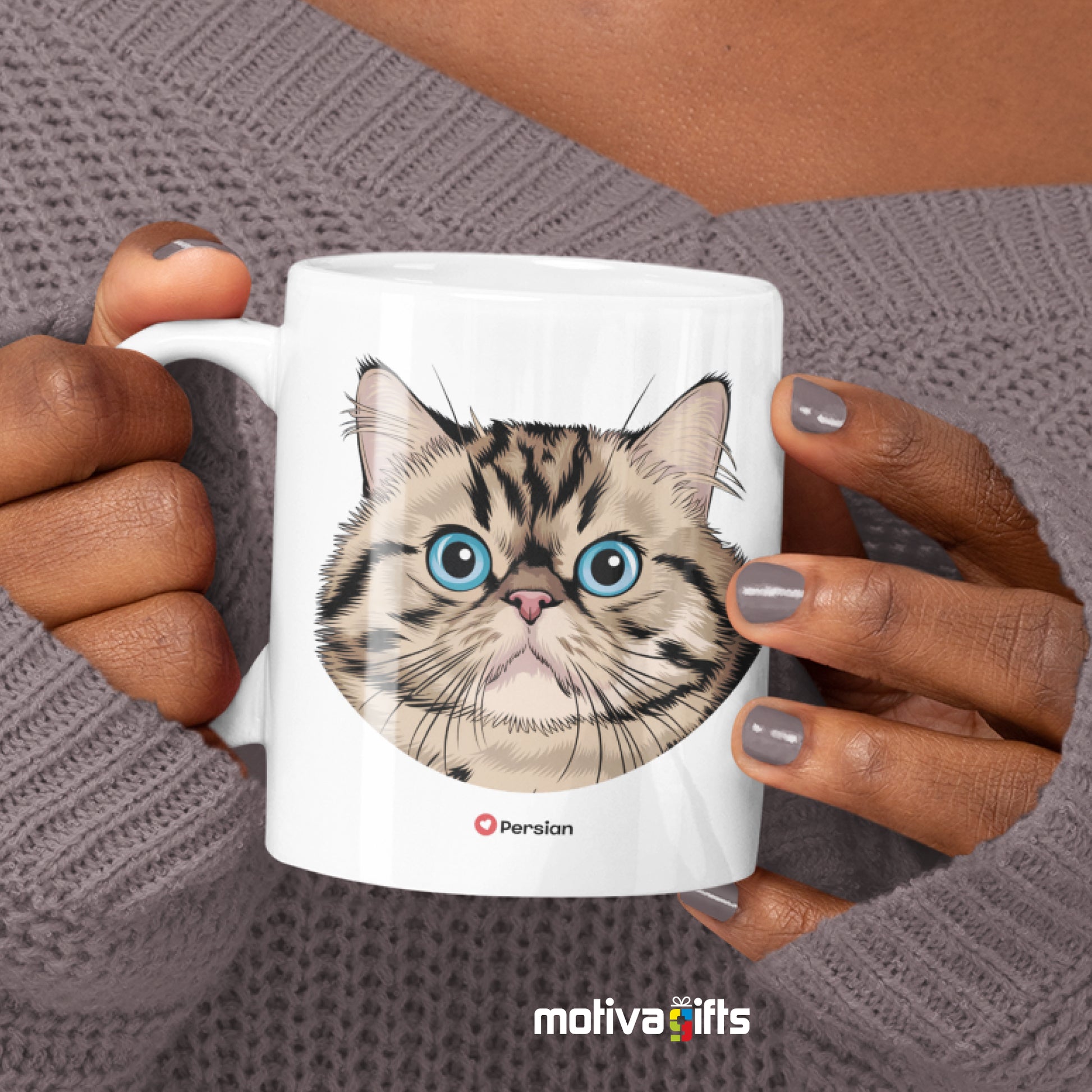 A woman holding a white 11oz ceramic mug featuring Persian cat love art printed on both sides. 