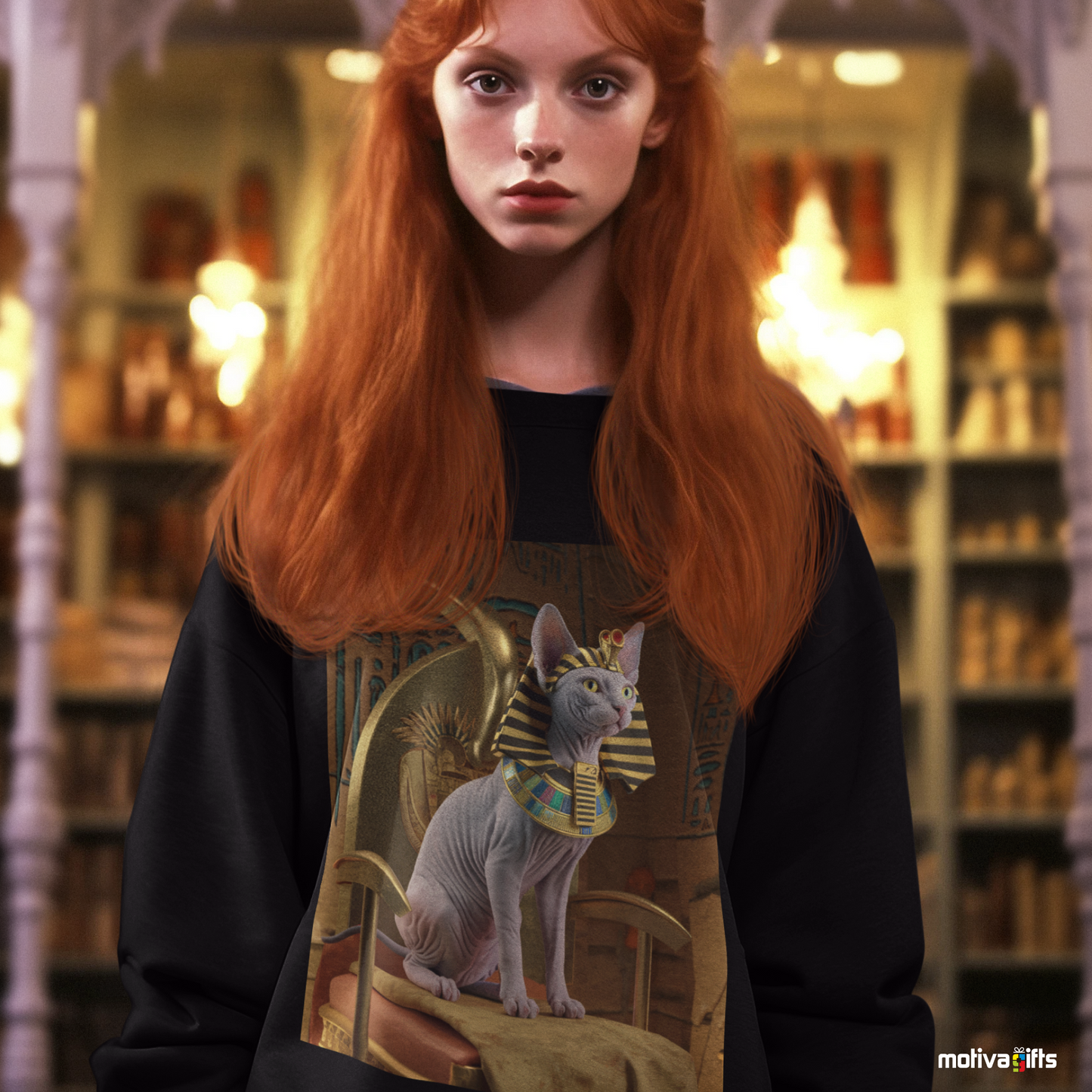 Woman wearing a black sweatshirt featuring a design of a Sphynx Cat wearing a Pharaoh Halloween costume 