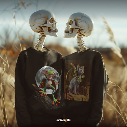 Skeleton couple wearing a black sweatshirt featuring a design of a poison dart frog wearing a vampire Halloween and Sphynx Cat Pharaoh