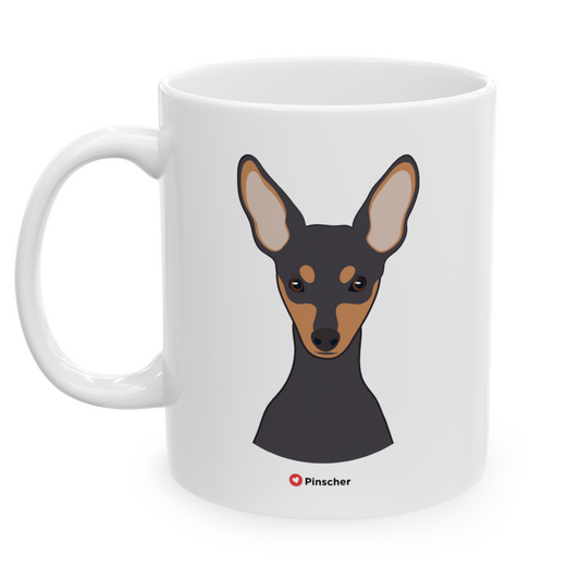 Left view white ceramic 11 oz mug featuring a drawing of a Pinscher Dog. Clean white background.