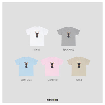 Colour chart display mockup of white, sport grey light blue, light pink, and sand tshirt.