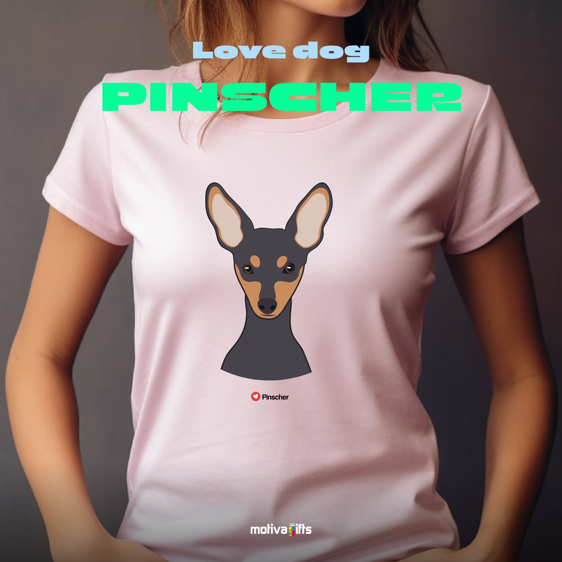 Woman wearing light pink tshirt with Pinscher design on the front, front view, by Motiva Gifts.