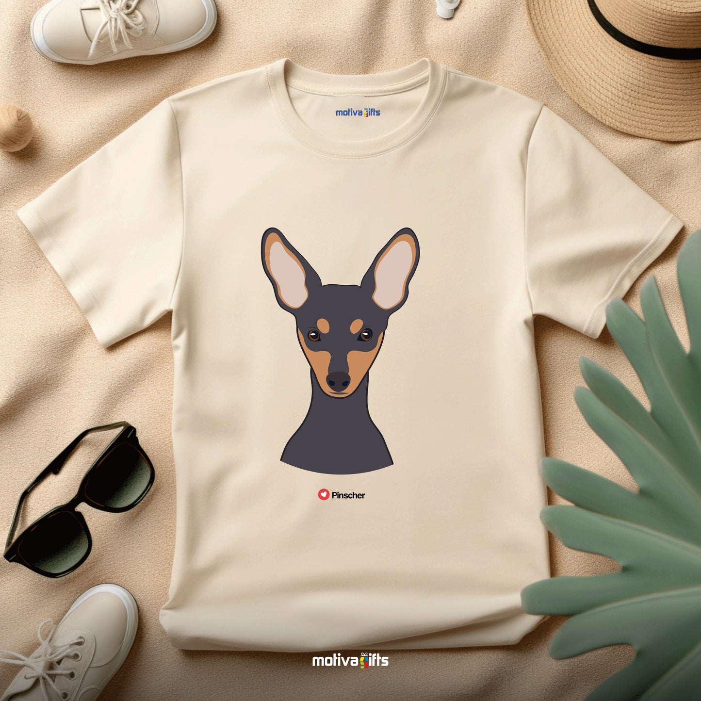 Flatlay, sand tshirt with Pinscher design on the front, front view, by Motiva Gifts.