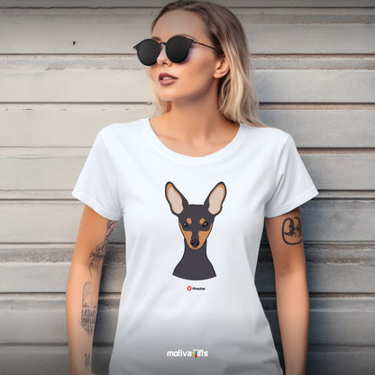 Woman wearing white tshirt with Pinscher design on the front, front view, by Motiva Gifts.