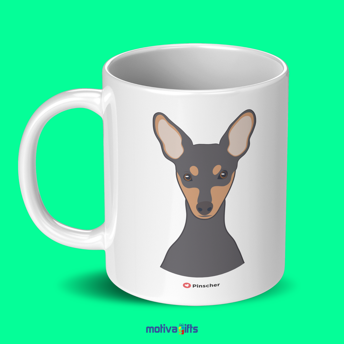 Discover the Love Dog Collection at Motiva Gifts - Featuring a  Pinscher design, 11 oz Ceramic Mug. Our white ceramic mug is perfect for both hot and cold beverages, and it is dishwasher, microwave safe. Available at Motiva Gifts - Shop Now!